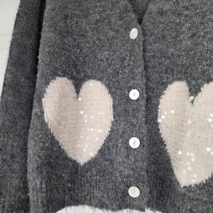 Women's NWOT Gray Cardigan Sweater with White Heart Sequin Design